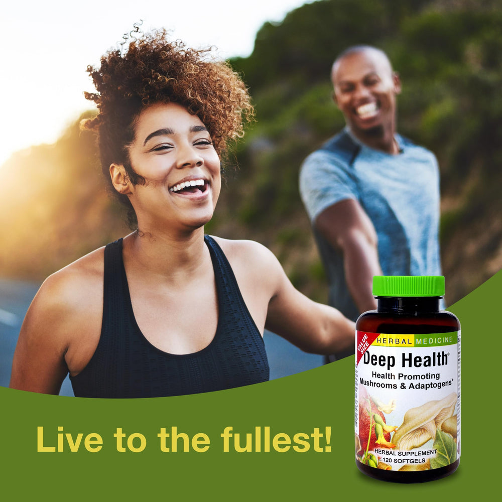 Label highlights shiitake and rhodiola ingredients in Herbs Etc. Deep Health.