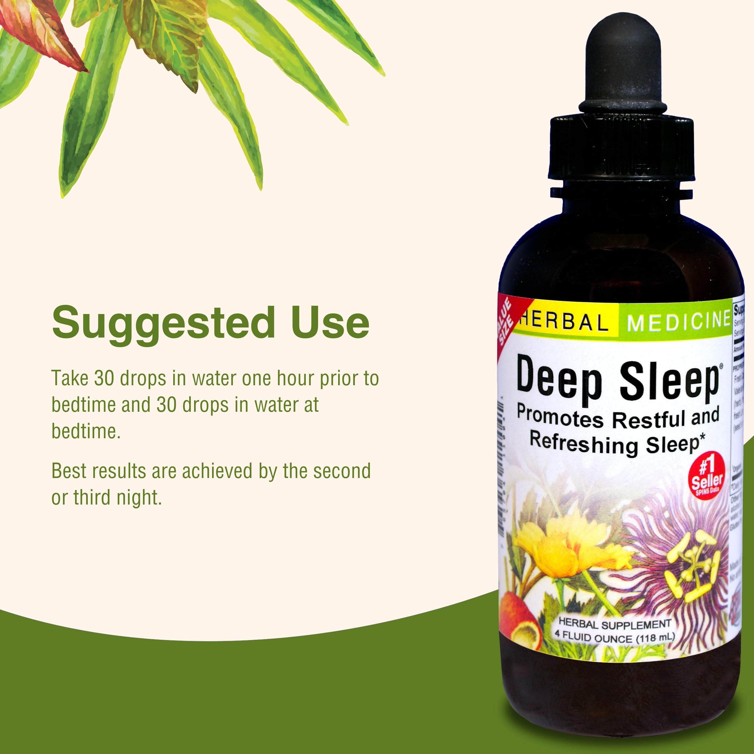 Herbs Etc. Deep Sleep label on bottle with dosage guidance for bedtime routine