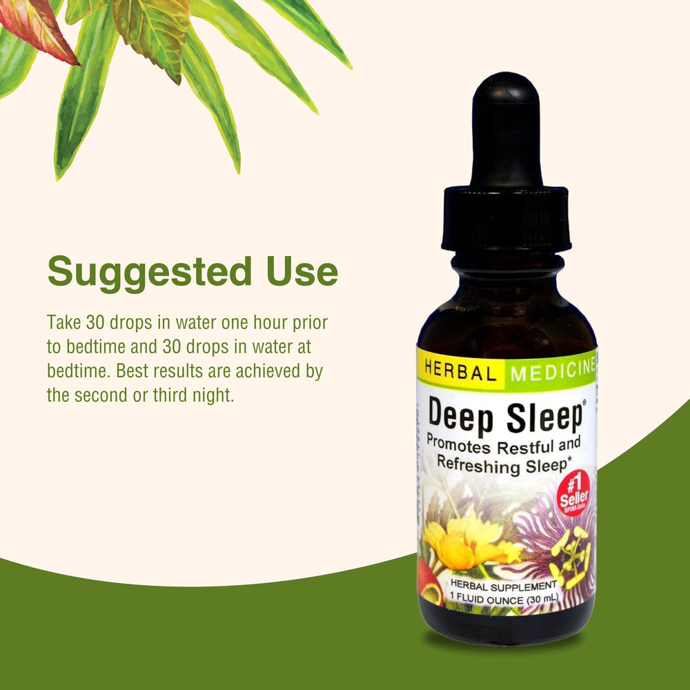 Herbs ETC. Deep Sleep bottle pictured on a nightstand beside a glass of water