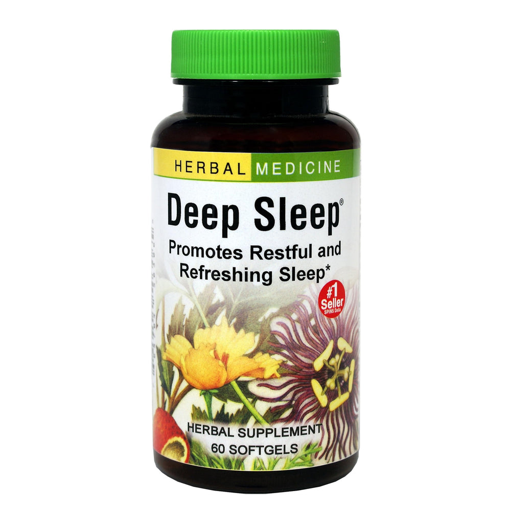 Herbs Etc. Deep Sleep Softgels bottle on nightstand for calming nights
