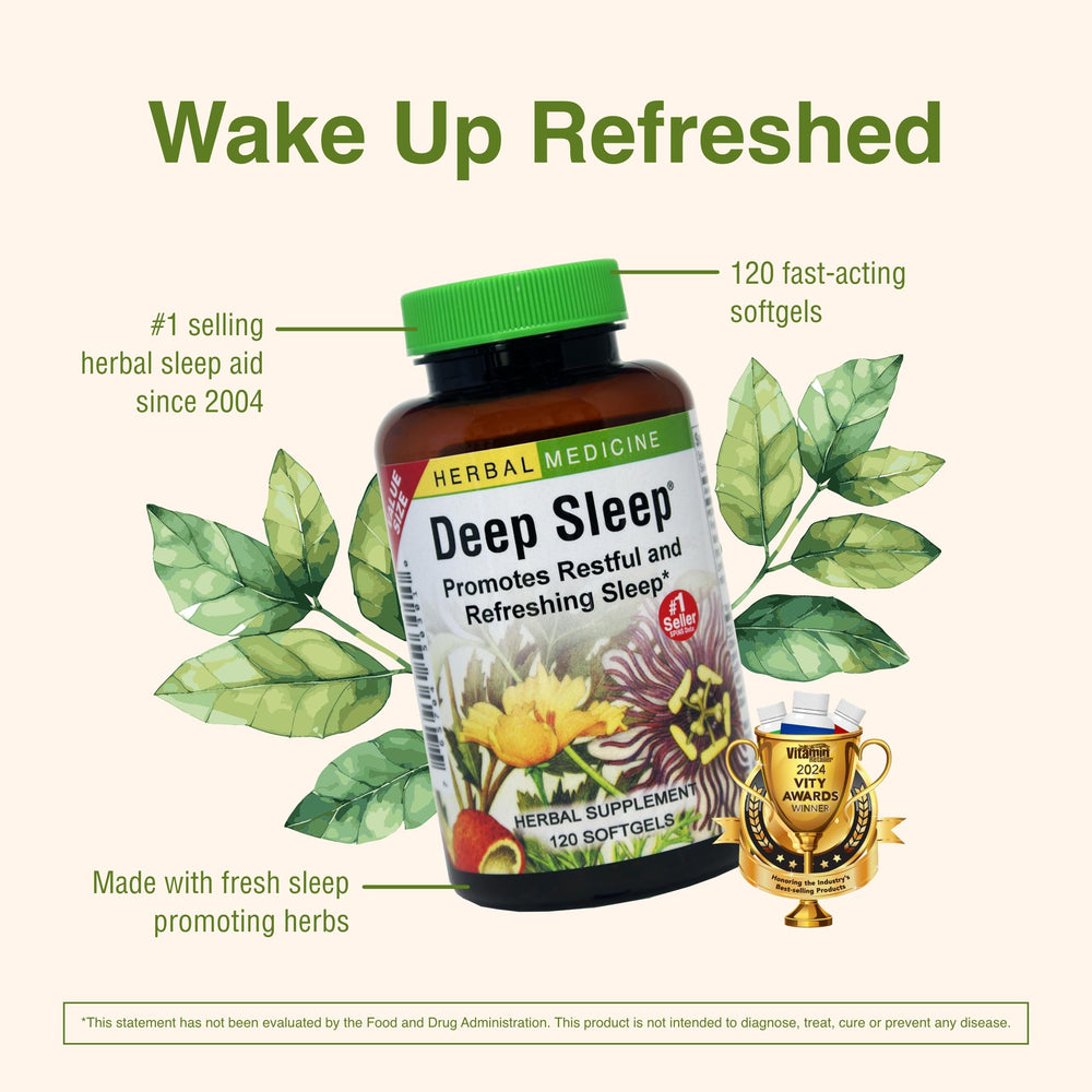 Herbs Etc. Deep Sleep Softgels visual with passionflower, chamomile, lemon balm