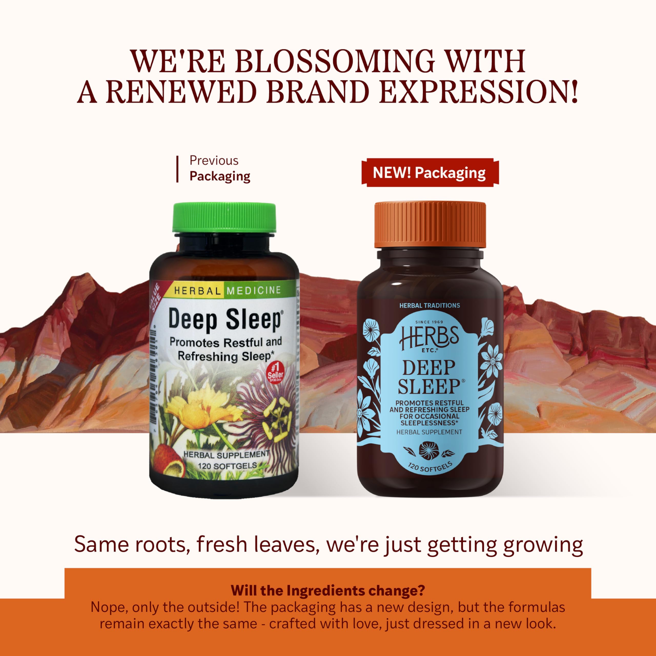 Close-up label of Herbs Etc. Deep Sleep softgels highlighting herbal sleep support