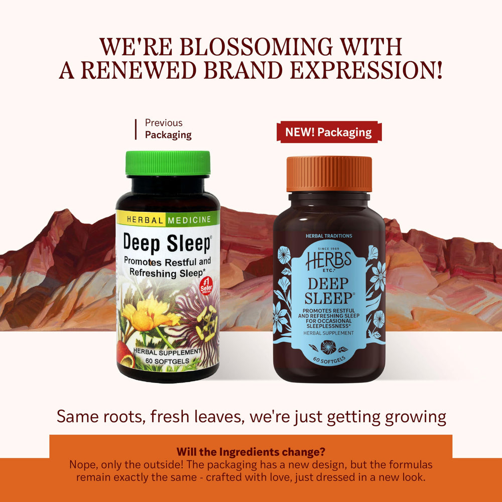 Close-up of Herbs Etc. Deep Sleep Softgels label showing product details