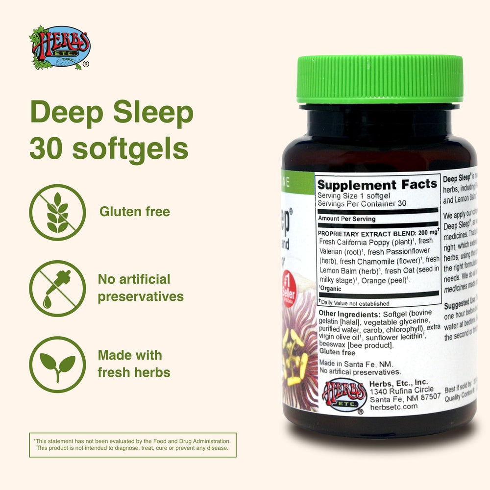 Herbs Etc. Deep Sleep Softgels with passionflower visual focus suggests relaxation support.