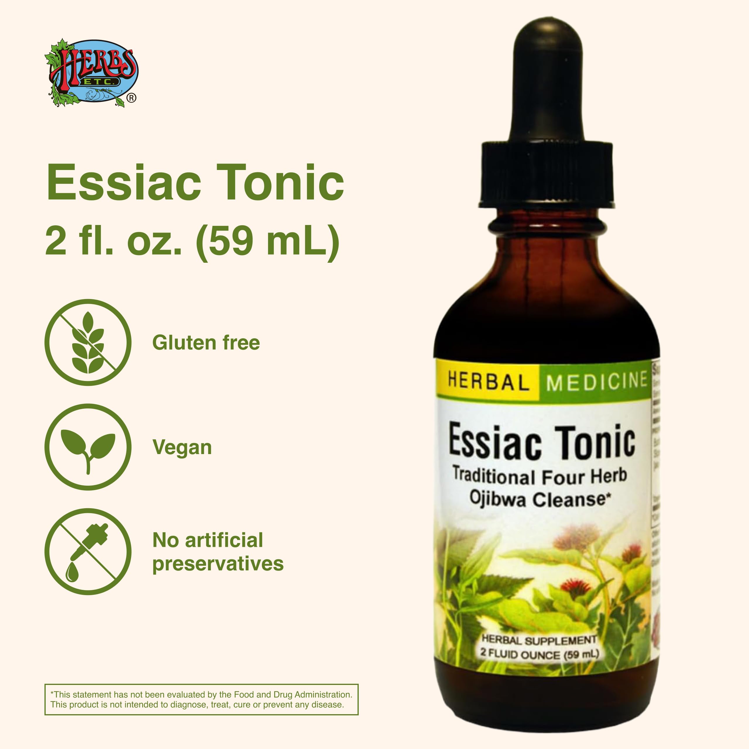 Close-up of the Essiac Tonic label with ingredients and usage tips.