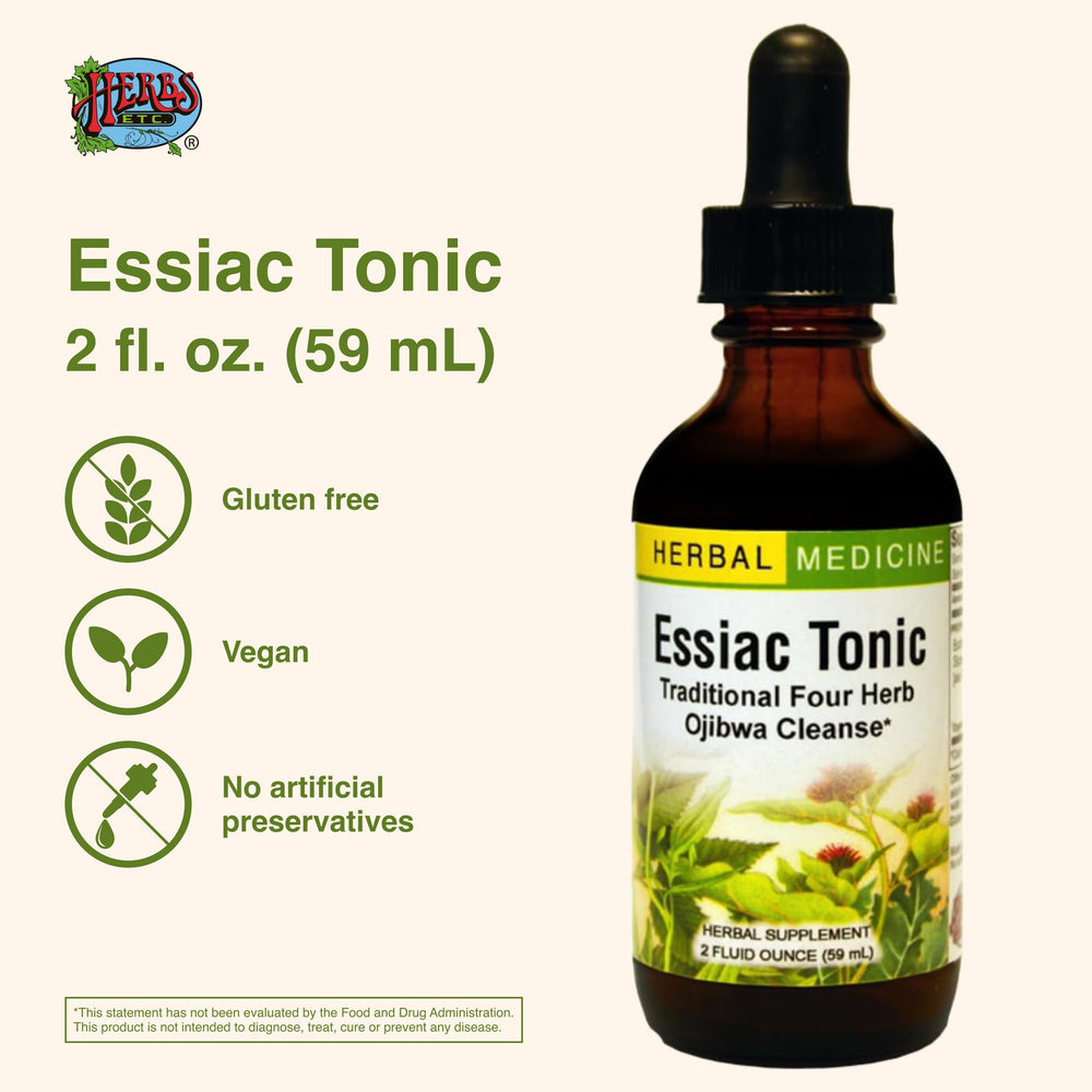 Close-up of the Essiac Tonic label with ingredients and usage tips.