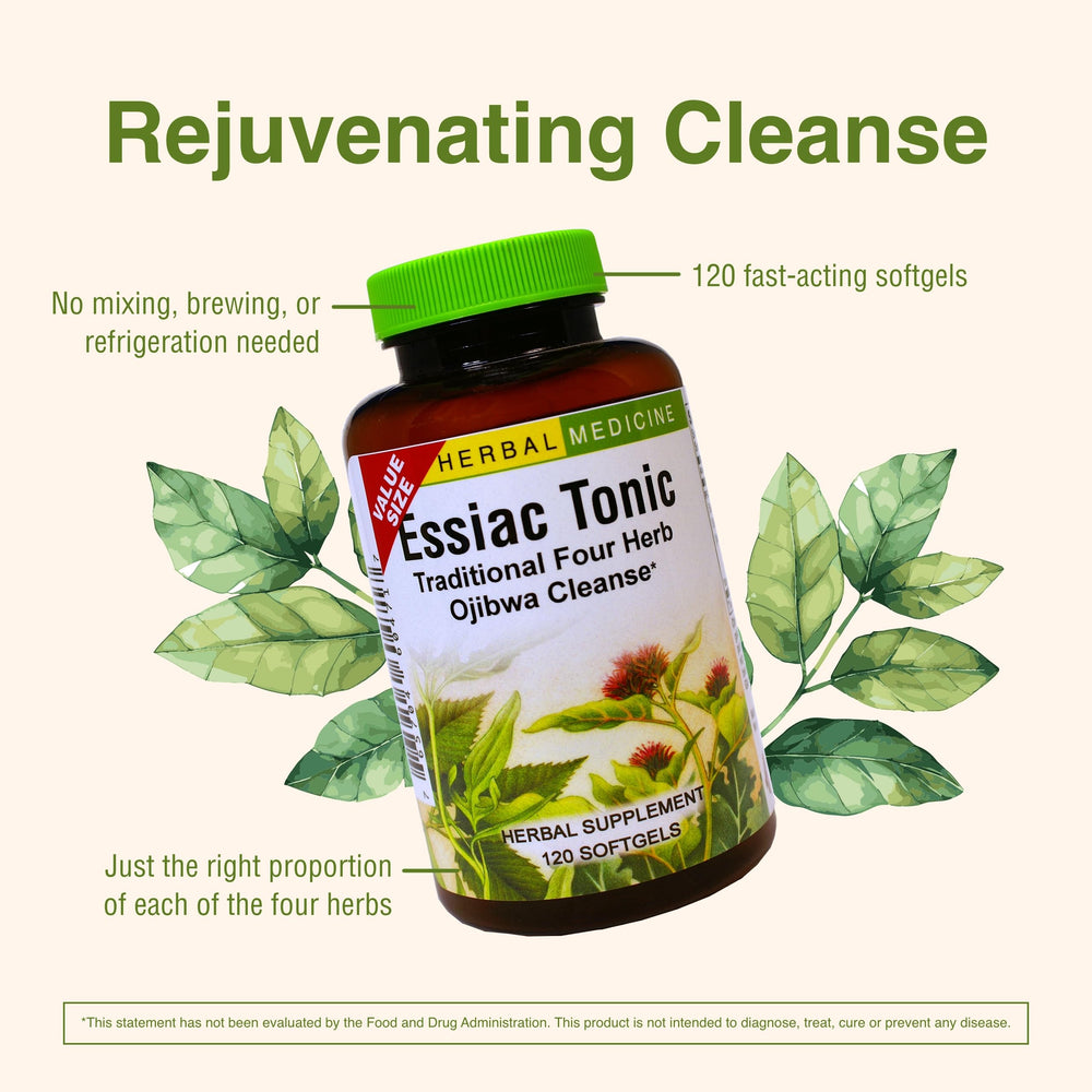 Herbs Etc. Essiac Tonic Softgels bottle on shelf signals seasonal cleanse support