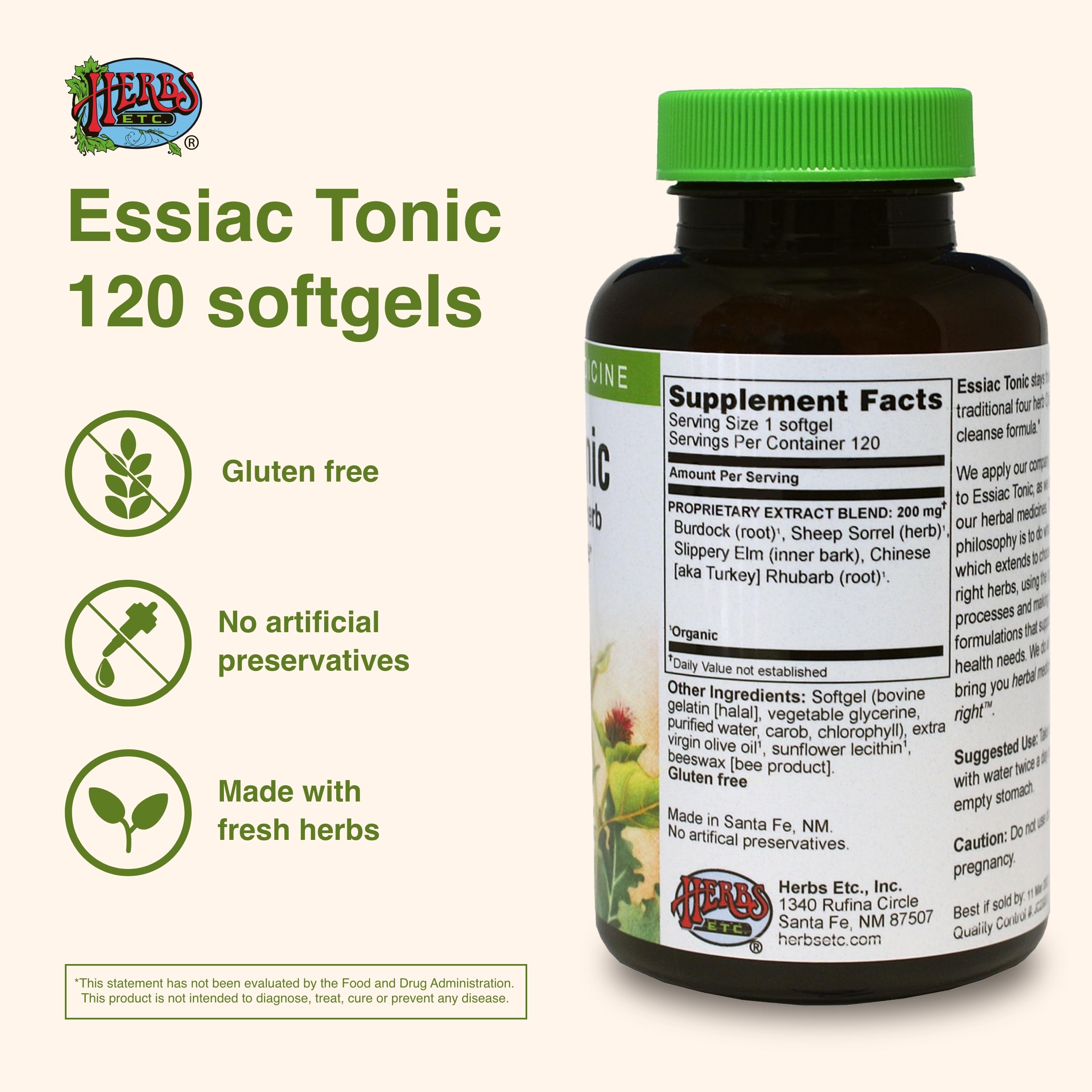 Herbs Etc. Essiac Tonic Softgels capsules close-up reveals smooth gelcaps for daily use