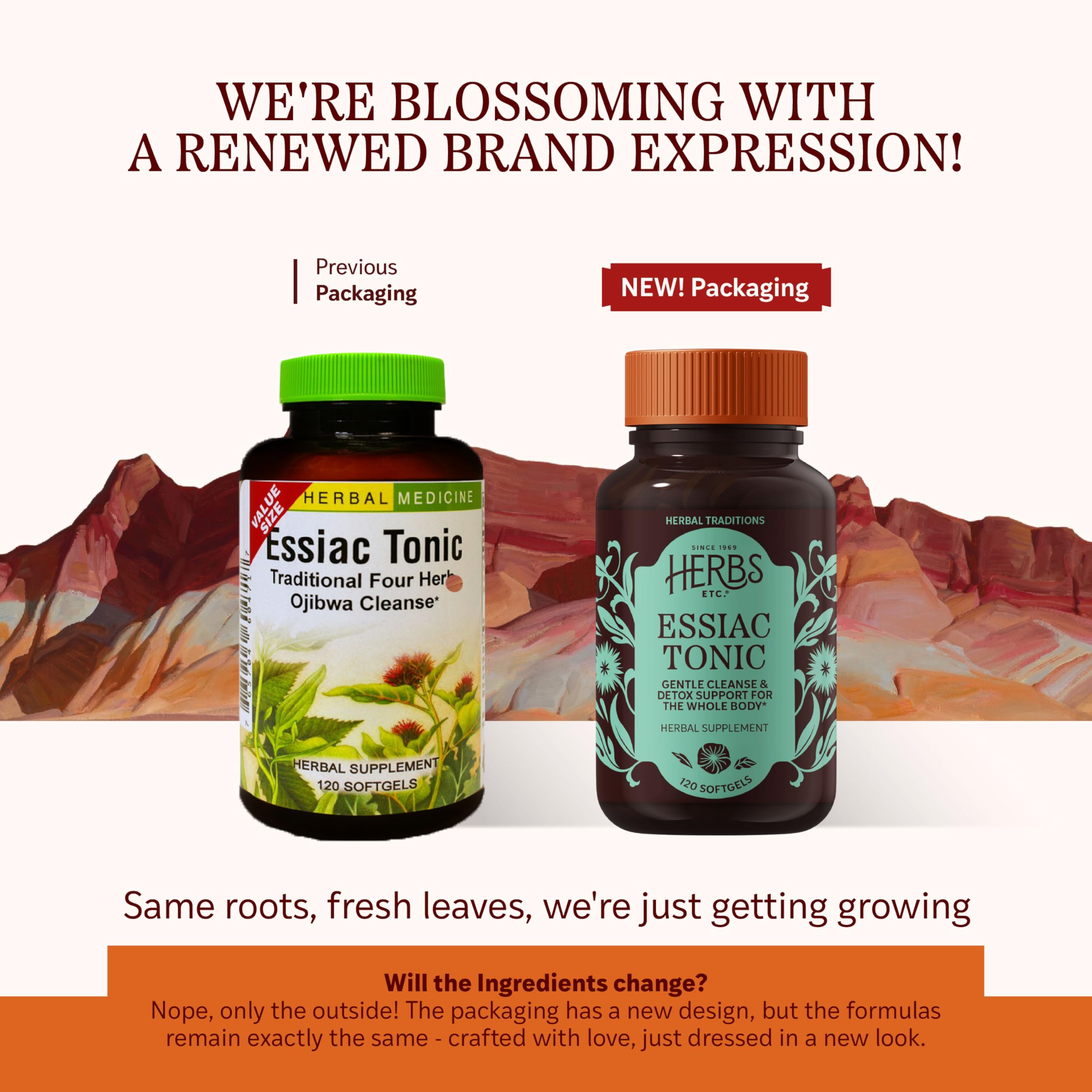 Herbs Etc. Essiac Tonic Softgels label close-up highlights herbal ingredients for cleansing