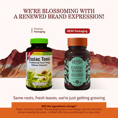 Herbs Etc. Essiac Tonic Softgels label close-up highlights herbal ingredients for cleansing