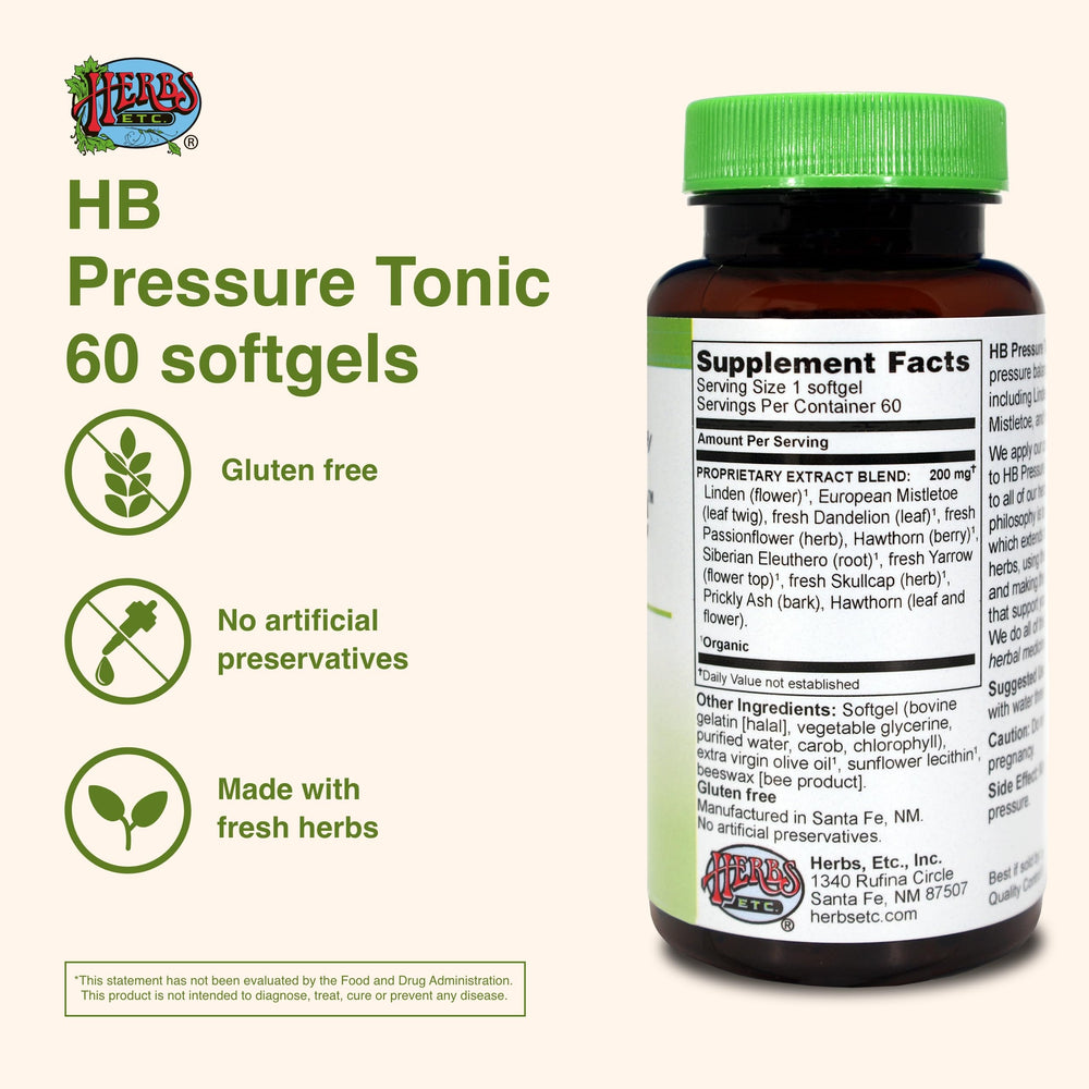 Herbs Etc. HB Pressure Tonic label closeup – clear herbal ingredients for informed use.