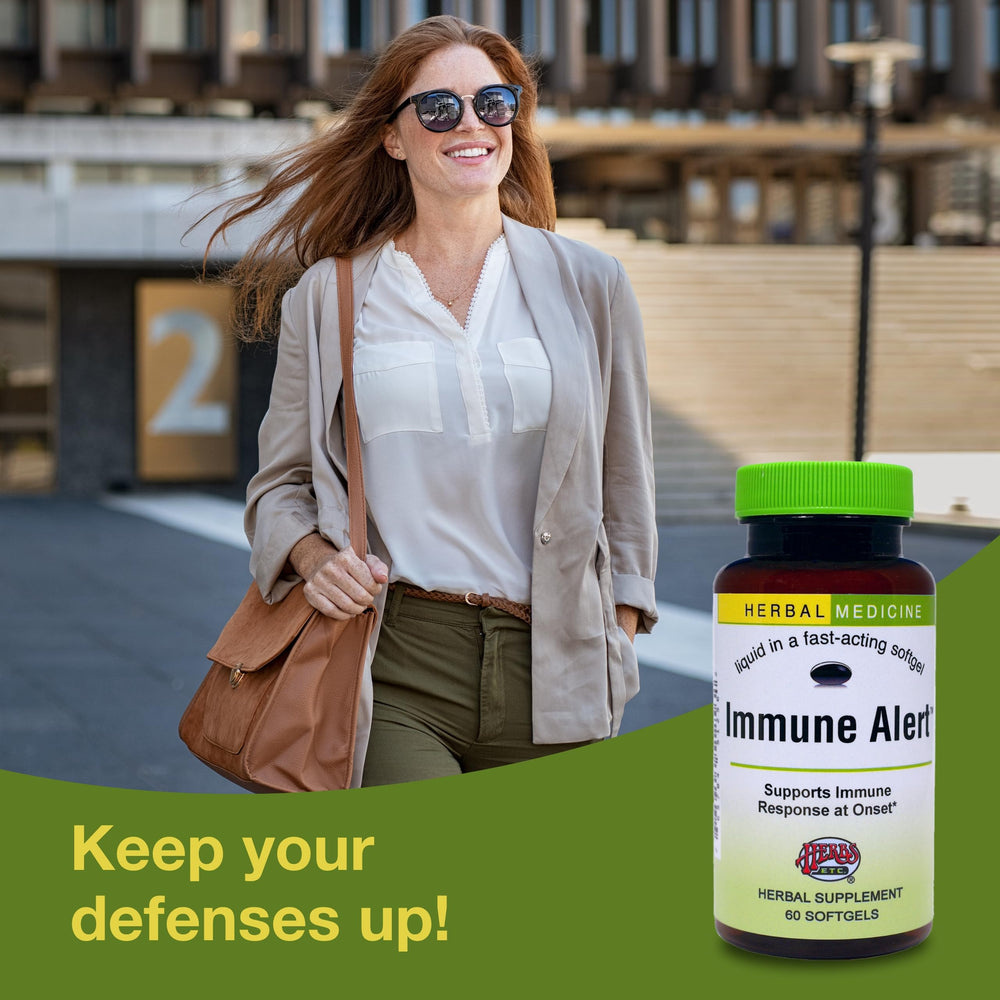 Herbs Etc. Immune Alert bottle packaging, resealable bottle for convenience.