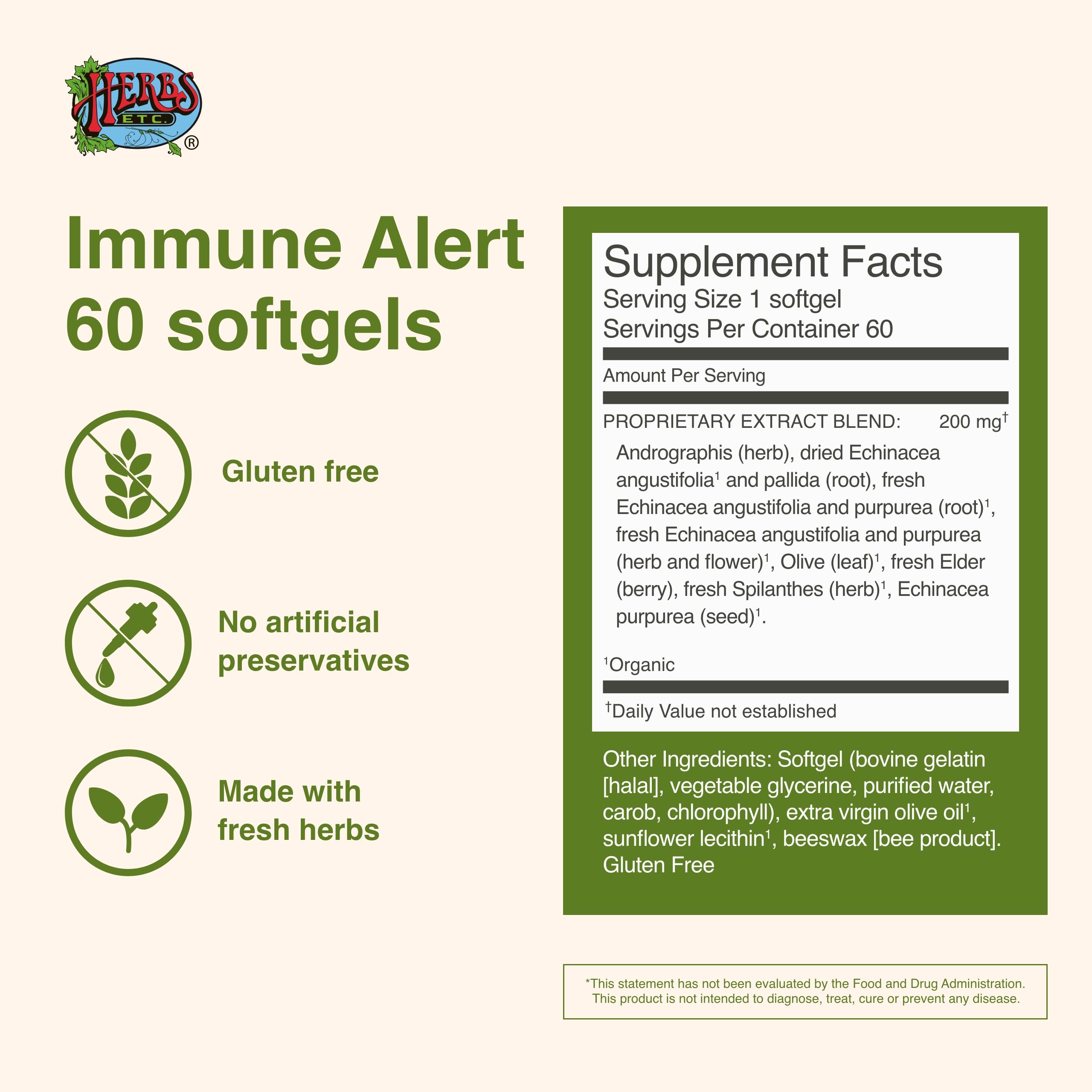 Herbs Etc. Immune Alert label details highlight Andrographis and Echinacea.