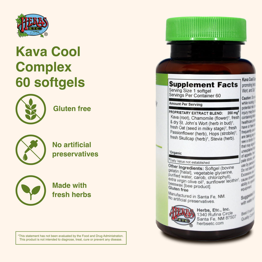 Herbs Etc. Kava Calm Complex label highlighting natural ingredients.
