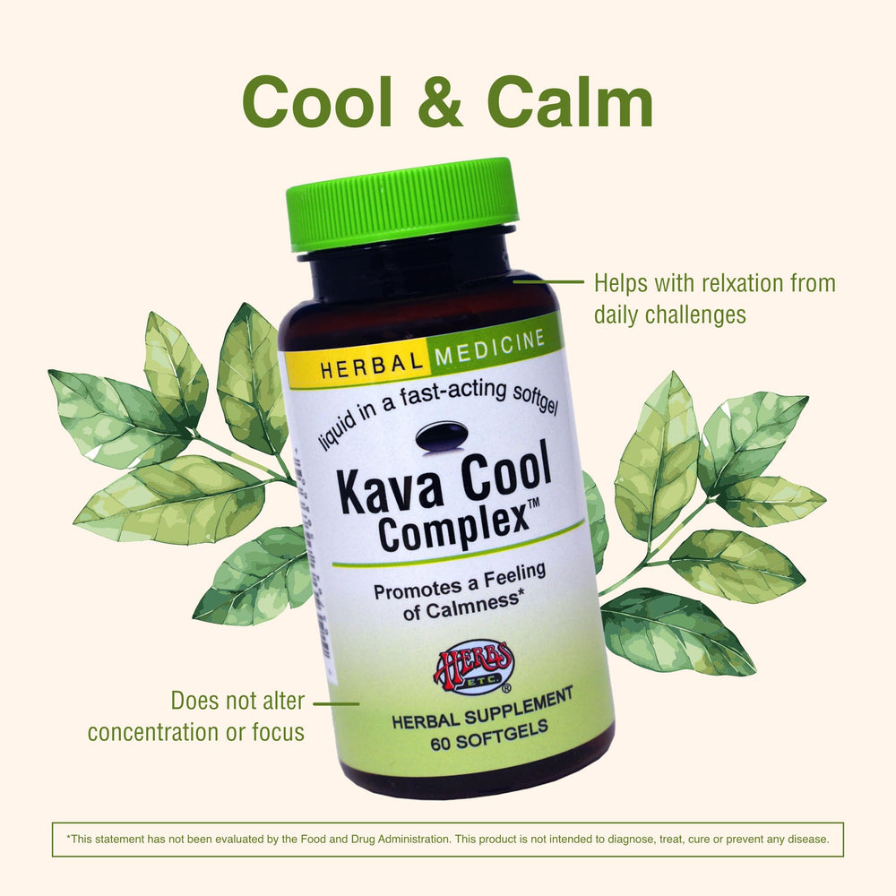 Herbs Etc. Kava Calm dosage guidance showing one softgel with water.