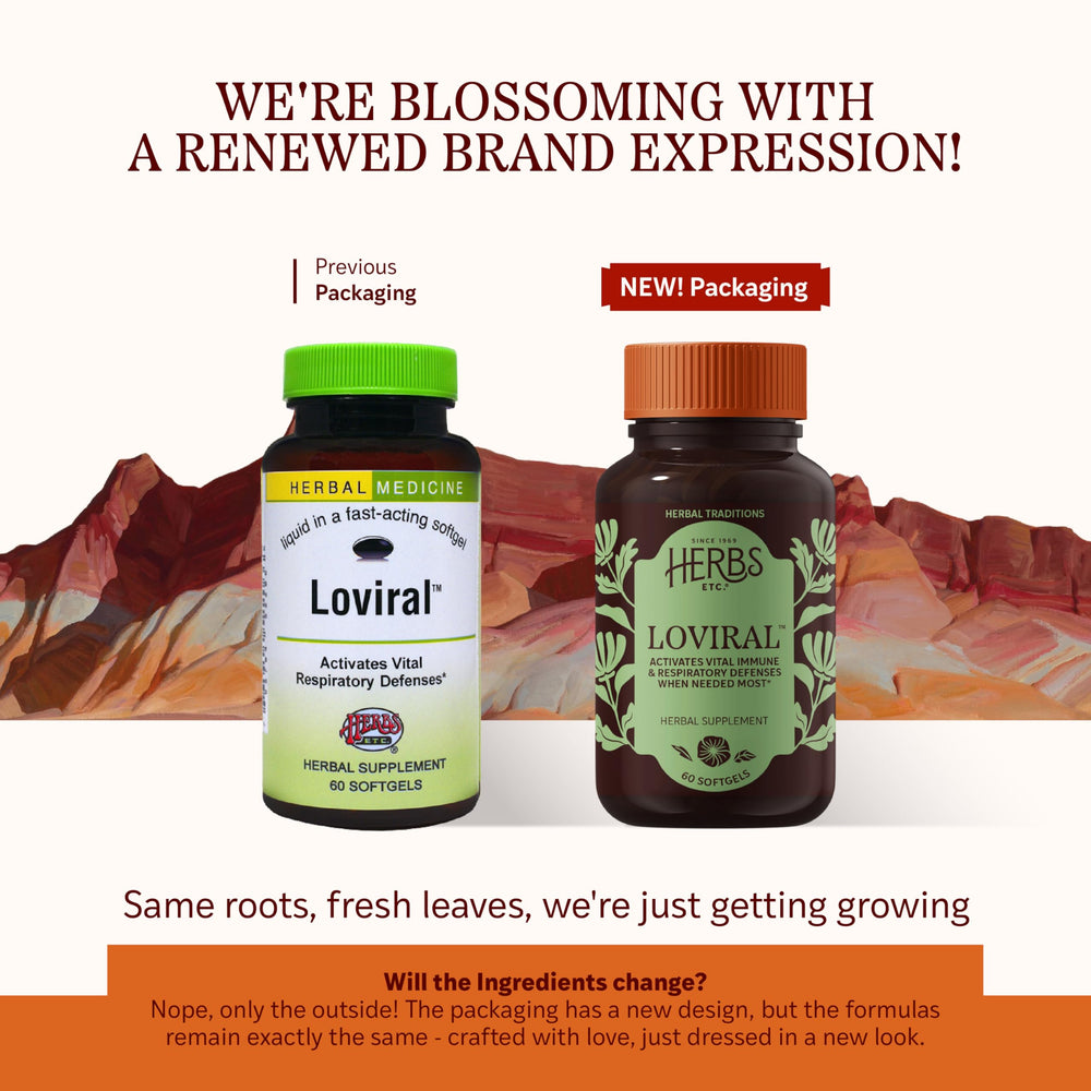 Herbs, Etc. Loviral bottle back label highlights ingredients and usage guidance.