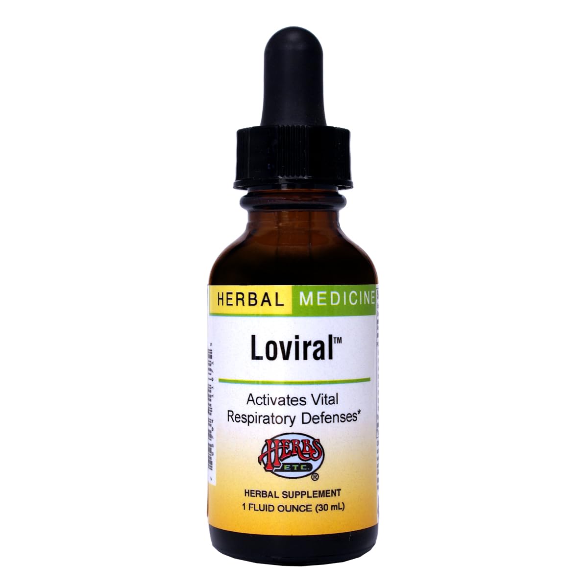 Herbs Etc. Loviral bottle close-up showing a natural lung-support blend for respiratory wellness.