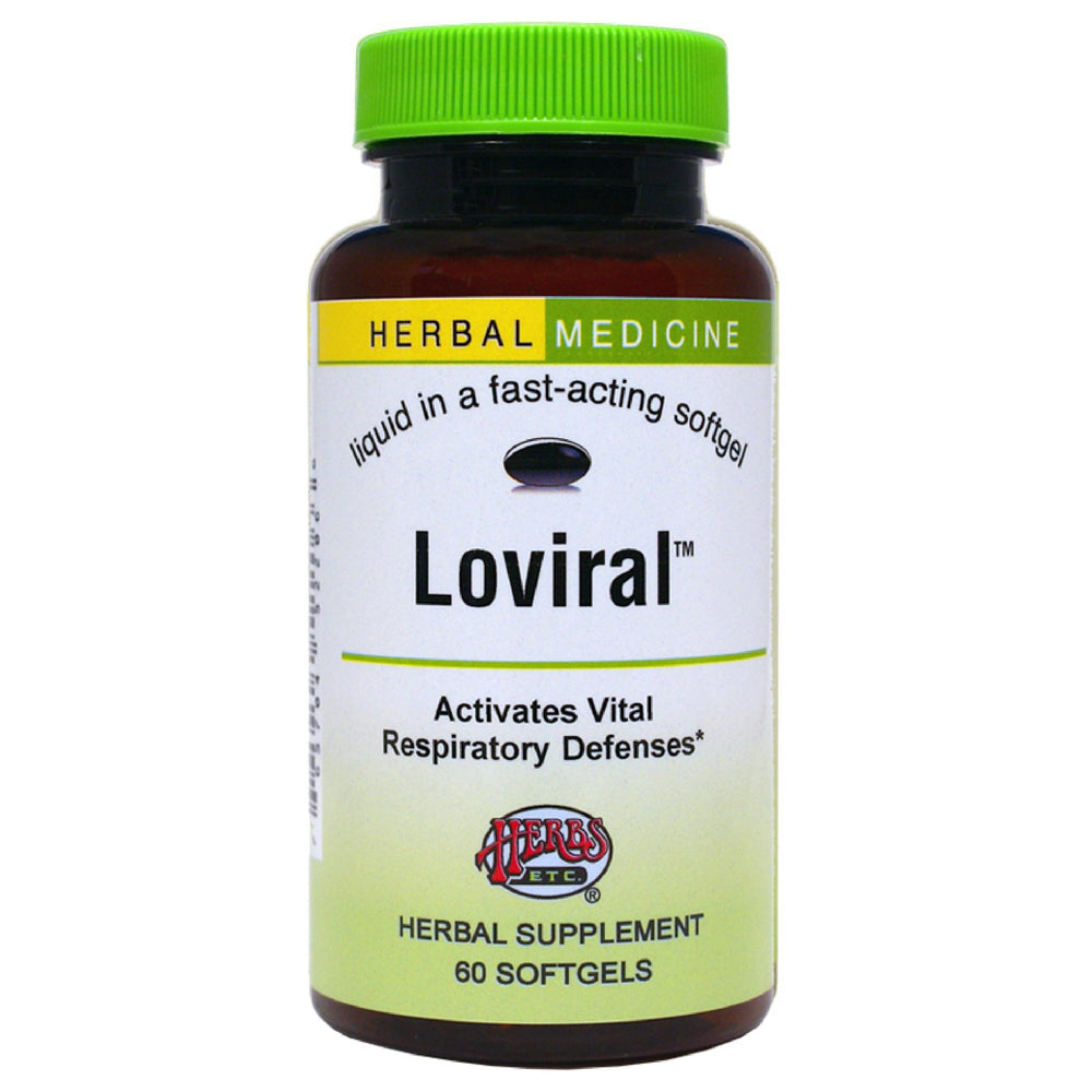 Herbs, Etc. Loviral bottle front shows the herbal blend for respiratory support.
