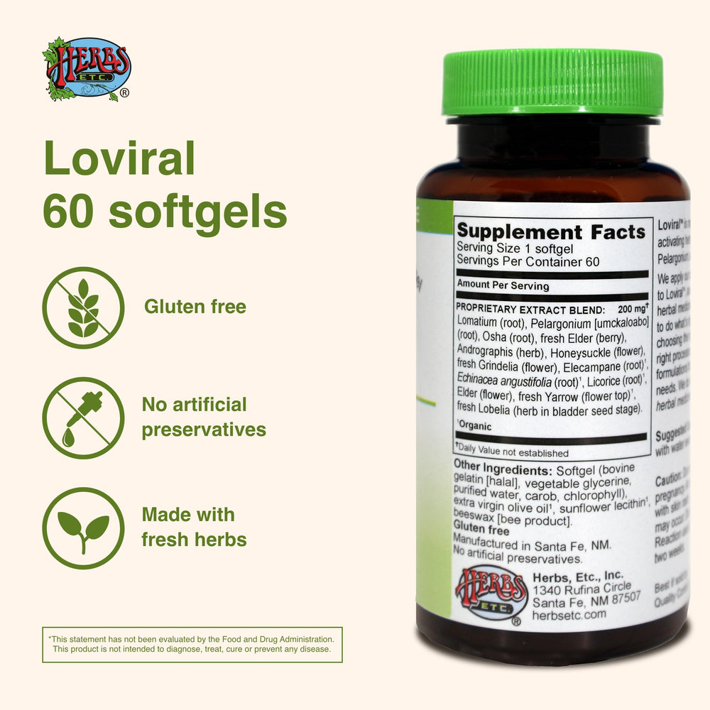 Closeup of Loviral softgels from Herbs, Etc. in capsule form for daily wellness.
