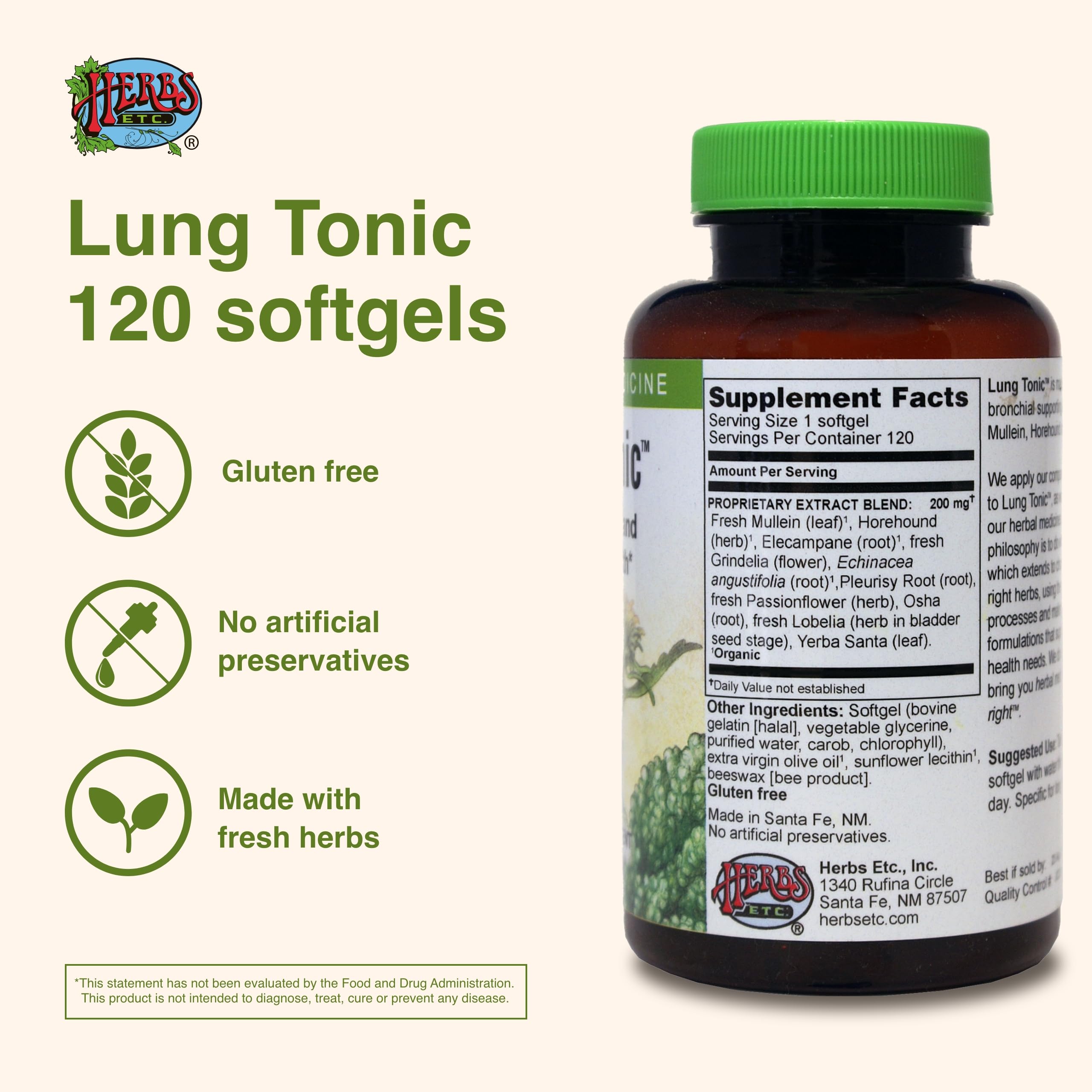 Herbs Etc. Lung Tonic softgels ready to swallow for daily bronchial care