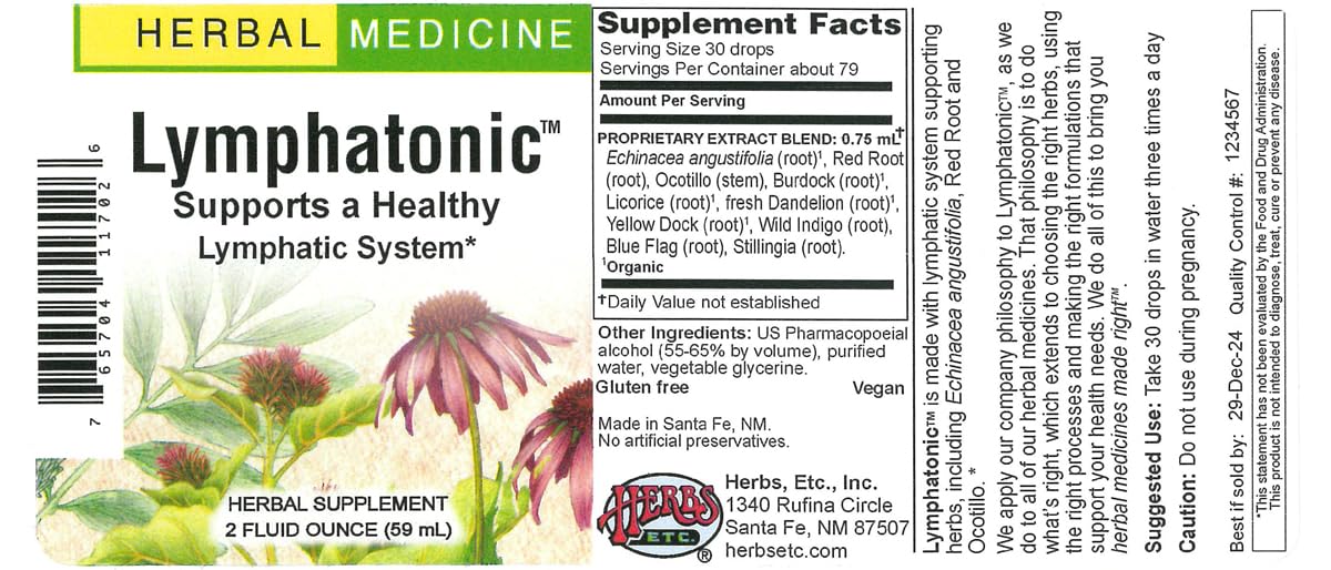 Herbs Etc. Lymphatonic label lists organic roots and botanicals for tissue health.