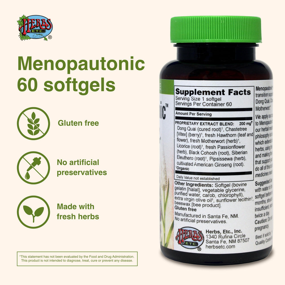 Chasteberry visual in Herbs Etc. Menopautonic bottle highlights balance support.