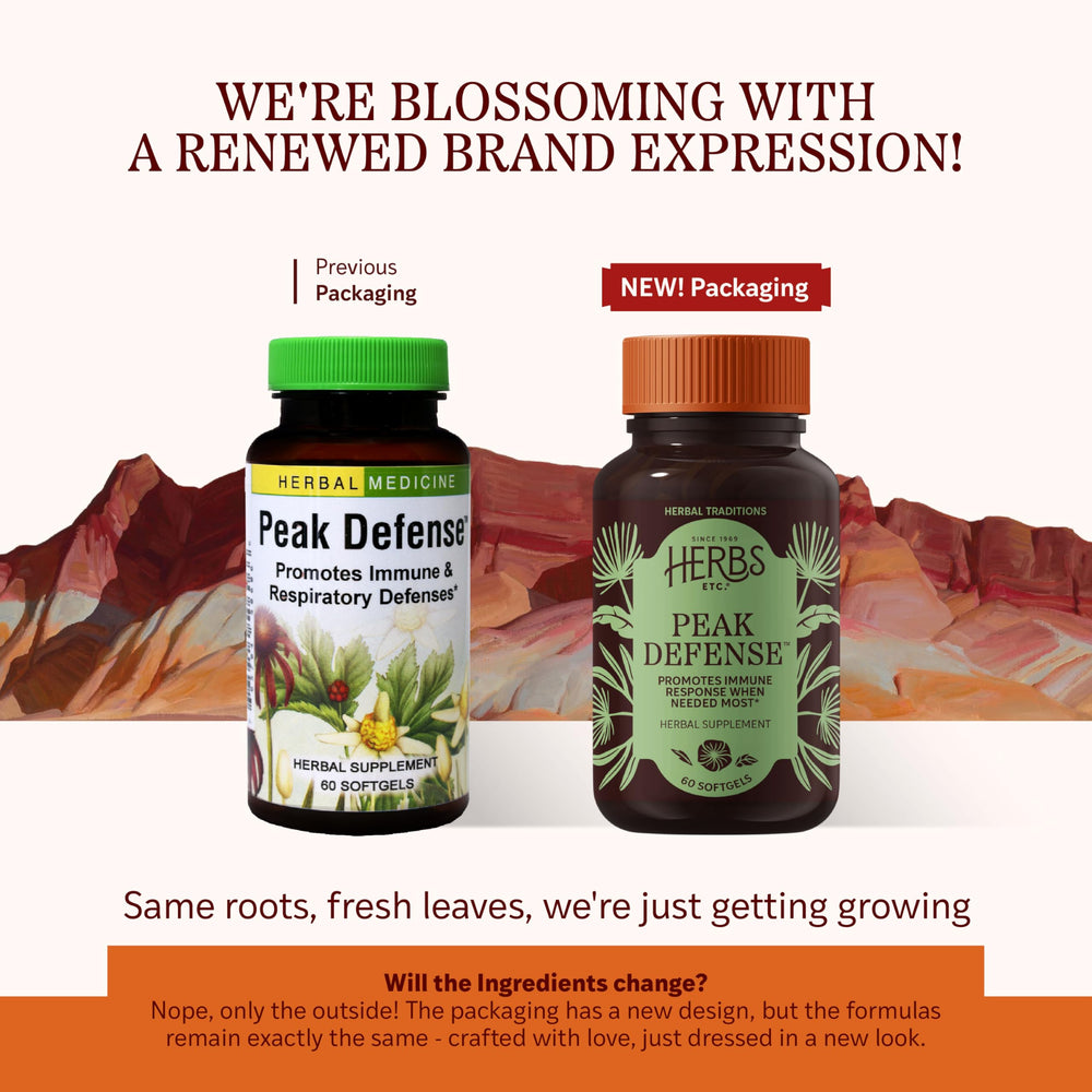 Herbs Etc. Peak Defense bottle pour shows simple daily softgel intake.