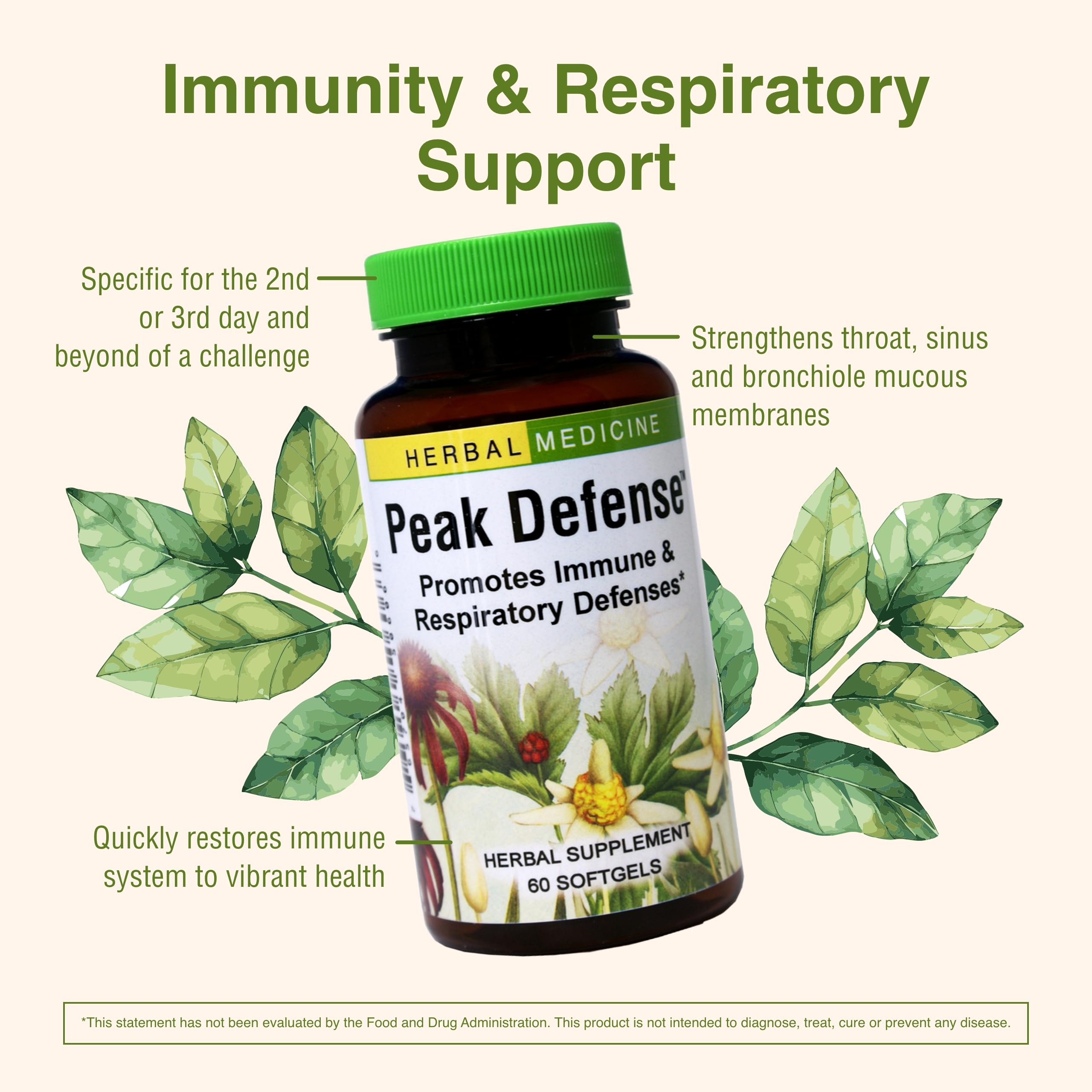 Herbs Etc. Peak Defense echinacea component shown for immune support.