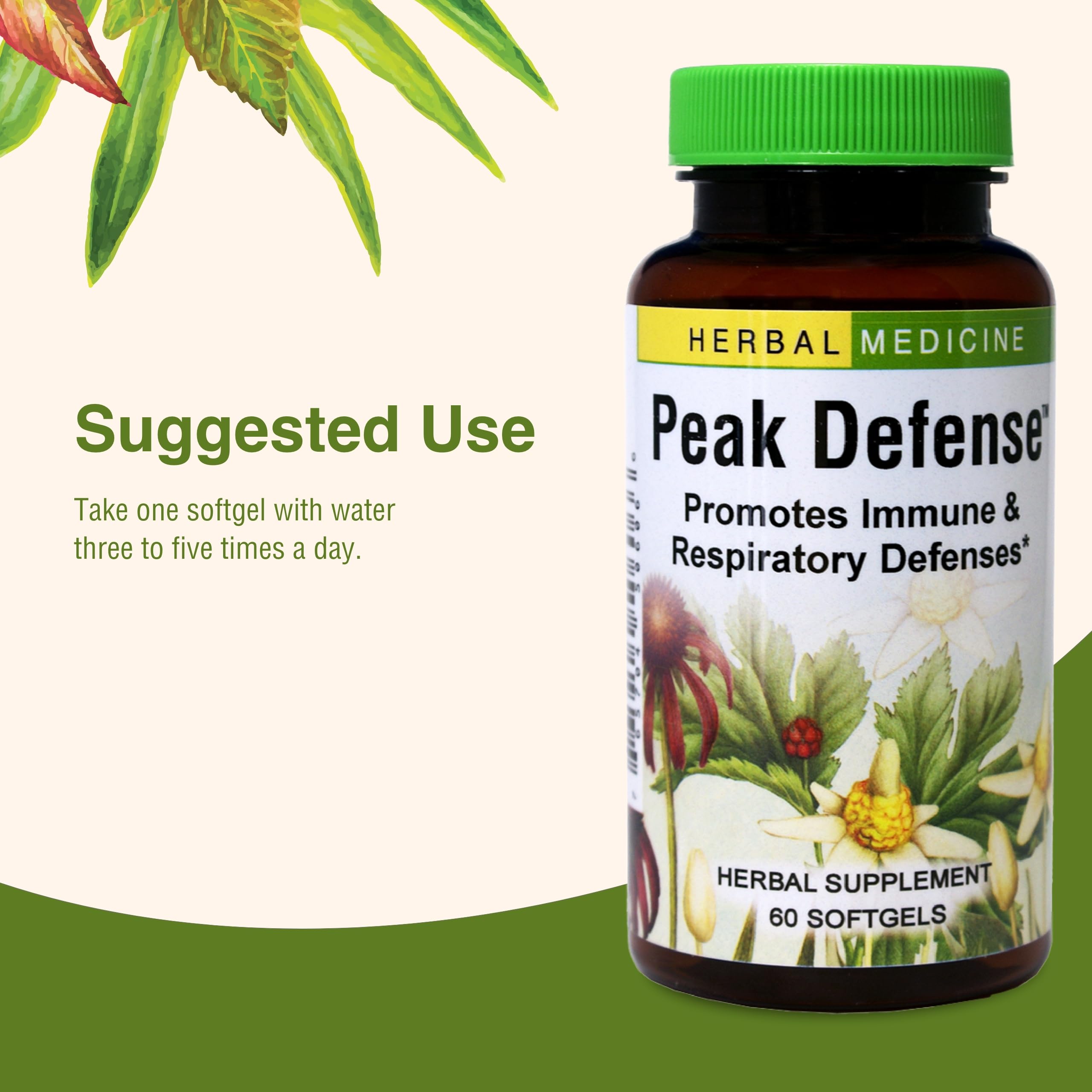 Herbs Etc. Peak Defense gluten-free label for gluten-sensitive users.