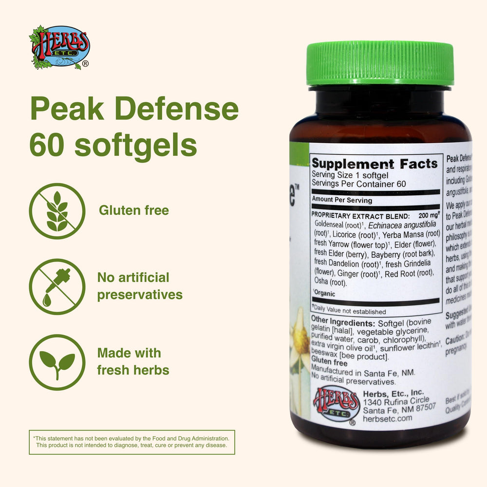 Herbs Etc. Peak Defense softgel capsule for convenient immune-friendly support.