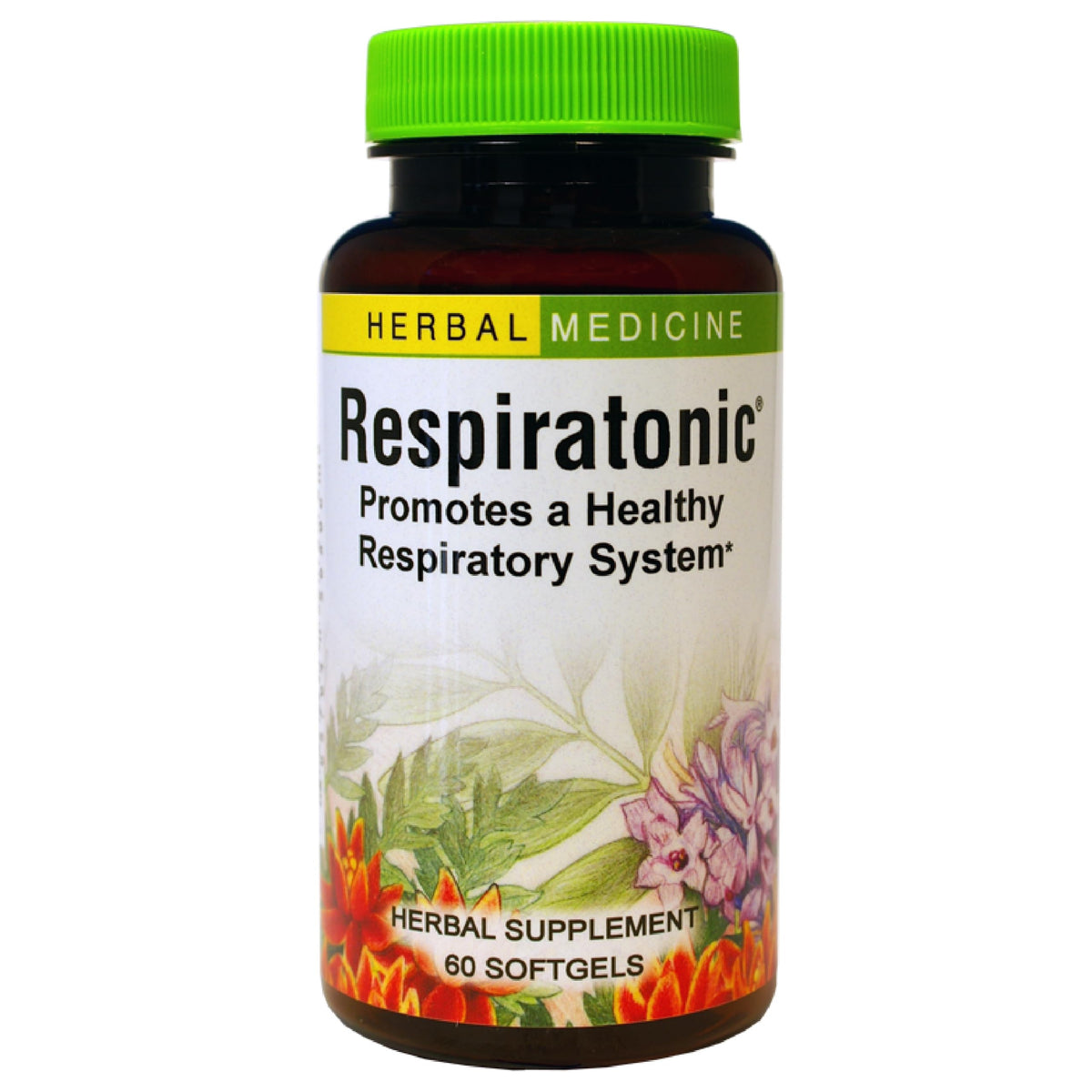 Herbs Etc. Respiratonic softgel bottle supports respiratory comfort on a clean surface.