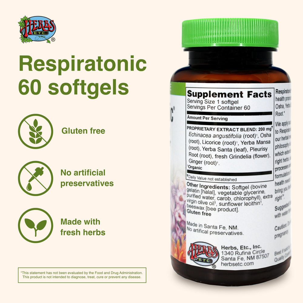 Herbs Etc. Respiratonic softgel packaging back detail and ingredients overview.