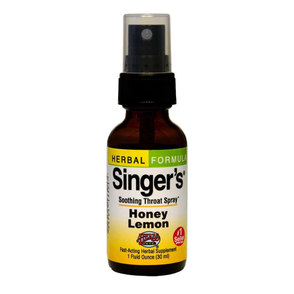 Herbs Etc. Singer's Saving Grace bottle shows soothing honey lemon throat spray.