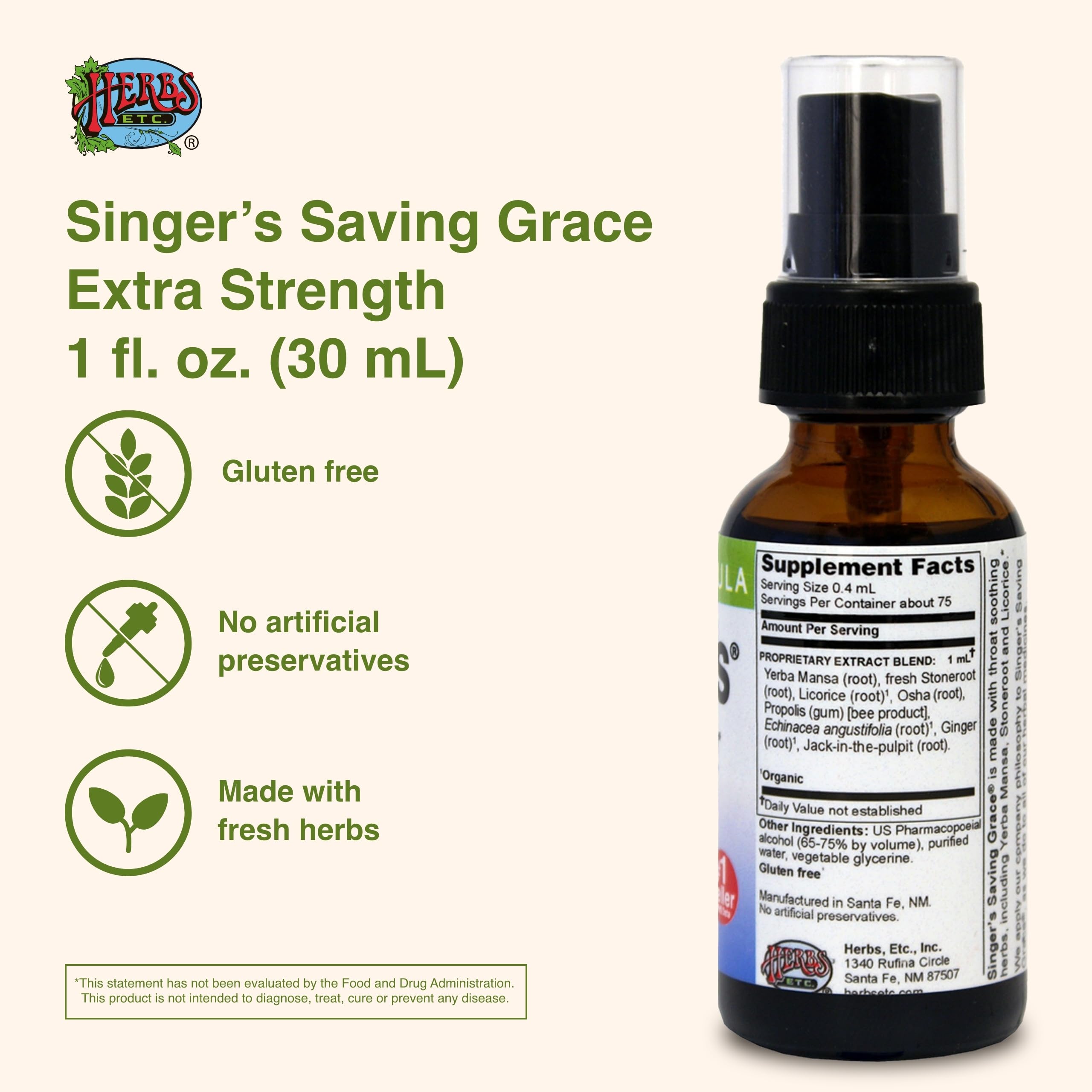 Herbs Etc. Singer's Saving Grace spray mist ready for quick throat relief