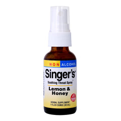 Herbs Etc. Singer's Saving Grace lemon-honey bottle closeup shows a soothing throat mist.