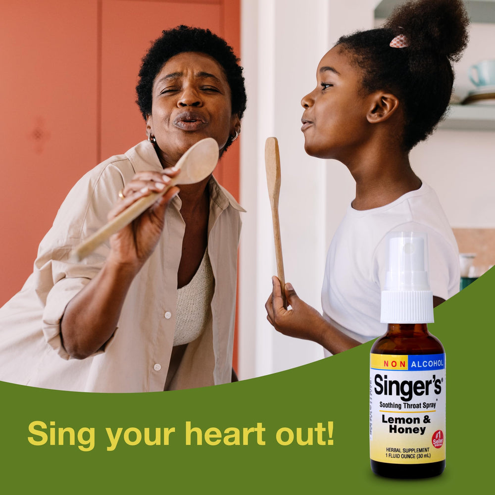 Herbs Etc. Singer's Saving Grace bottle in hand for portable throat comfort.