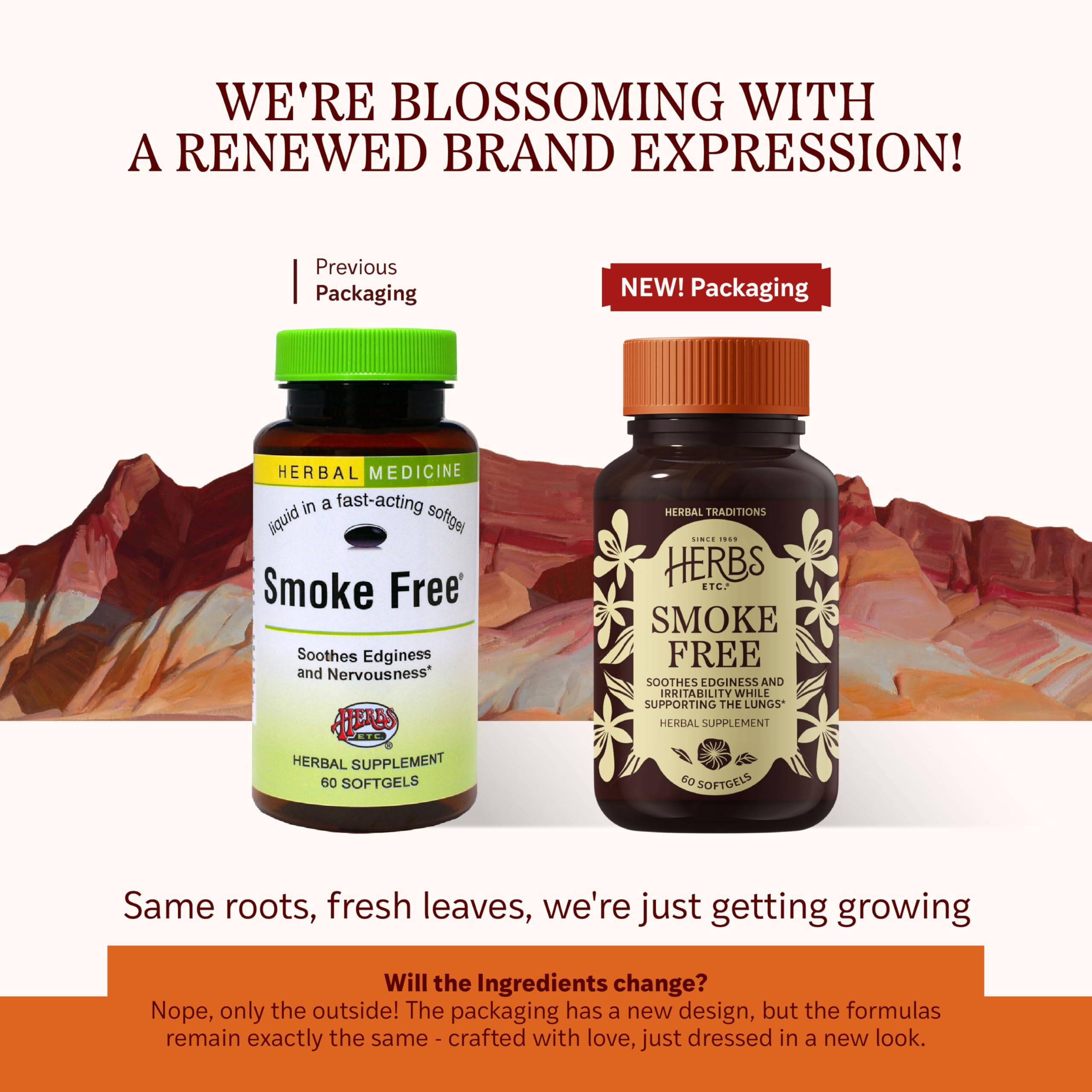 Herbs Etc. Smoke Free softgels capsules pour showing a quick dose during cravings.