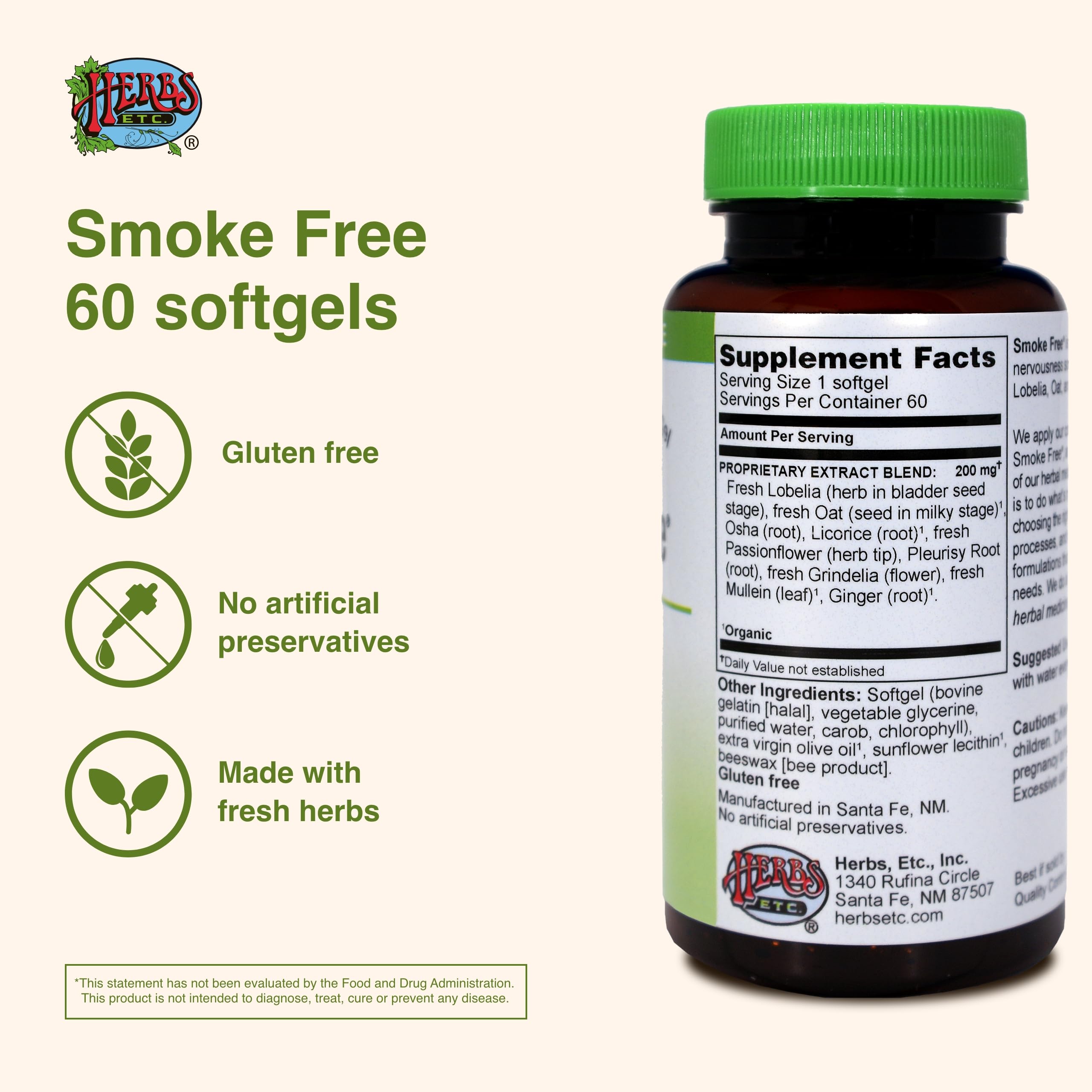 Herbs Etc. Smoke Free softgels label closeup highlighting natural ingredients.