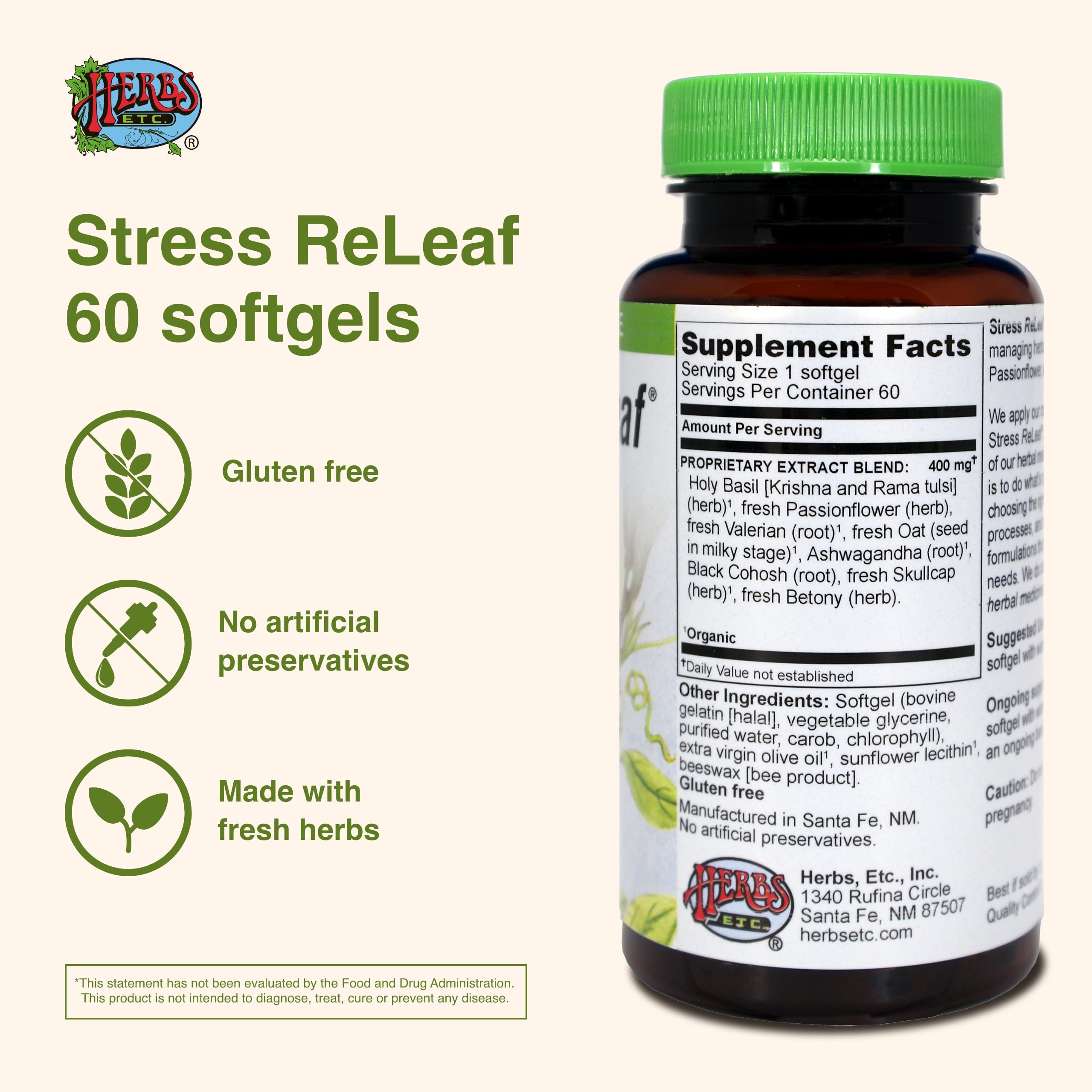 Herbs Etc Stress ReLeaf ingredients Holy Basil highlight for natural calm.