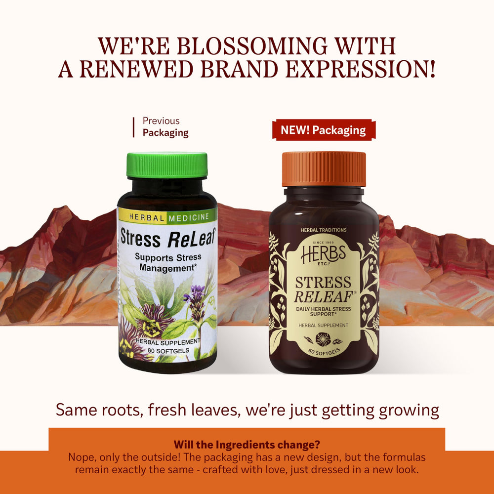 Closeup of Herbs Etc Stress ReLeaf softgels for easy daily use.