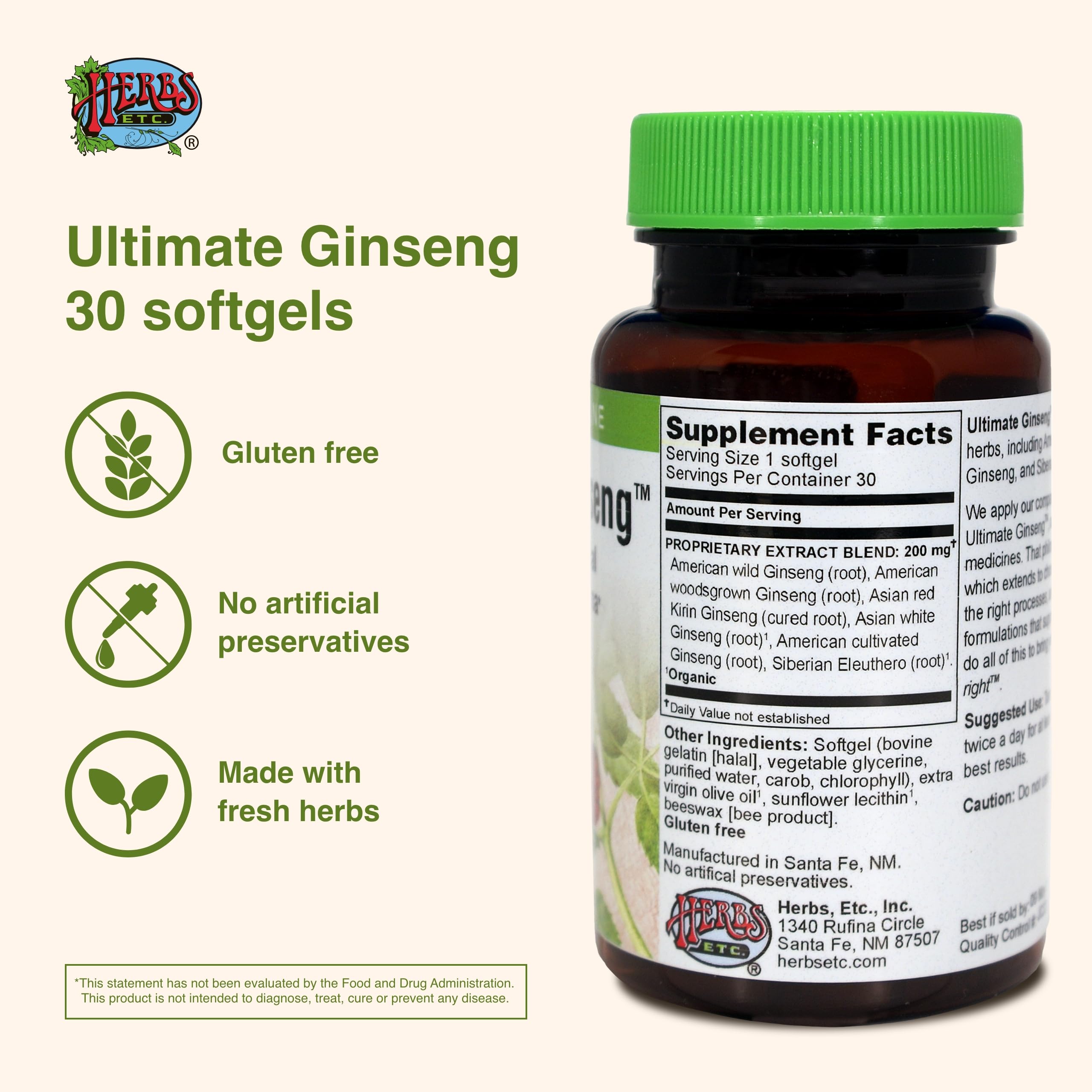 Herbs Etc. Ultimate Ginseng softgels closeup of smooth capsules for convenient dosage