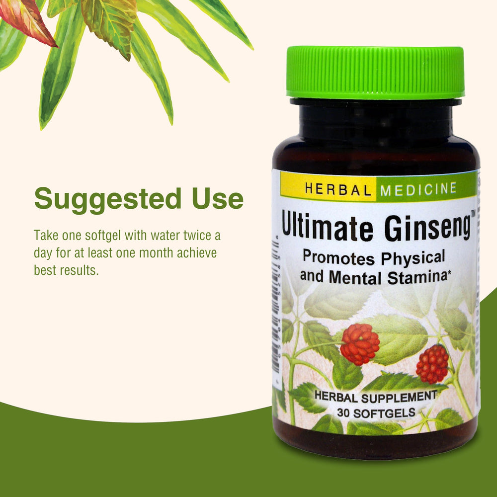 Herbs Etc. Ultimate Ginseng gym-bag image hints at stamina for workouts