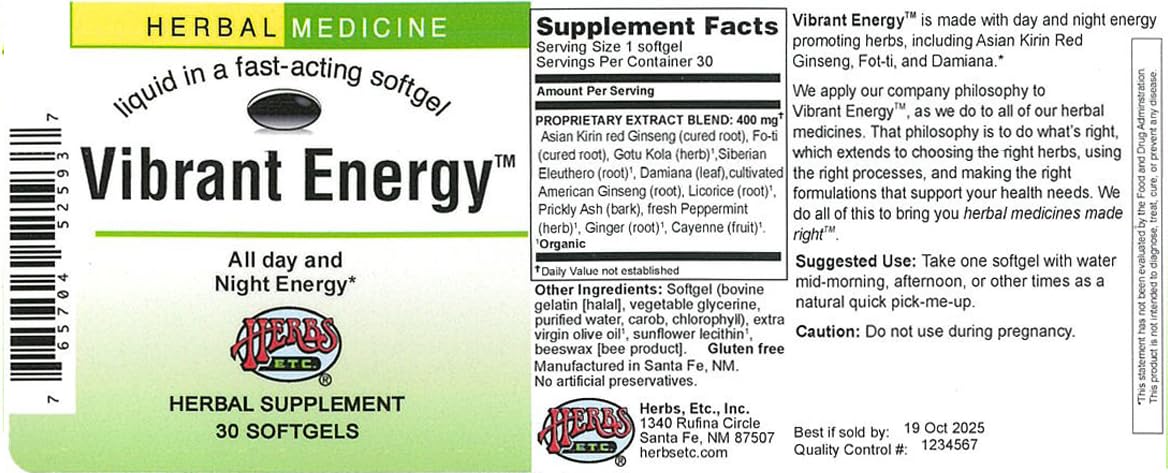Herbs Etc. Vibrant Energy Softgels ingredients panel highlighting day and night herbs.