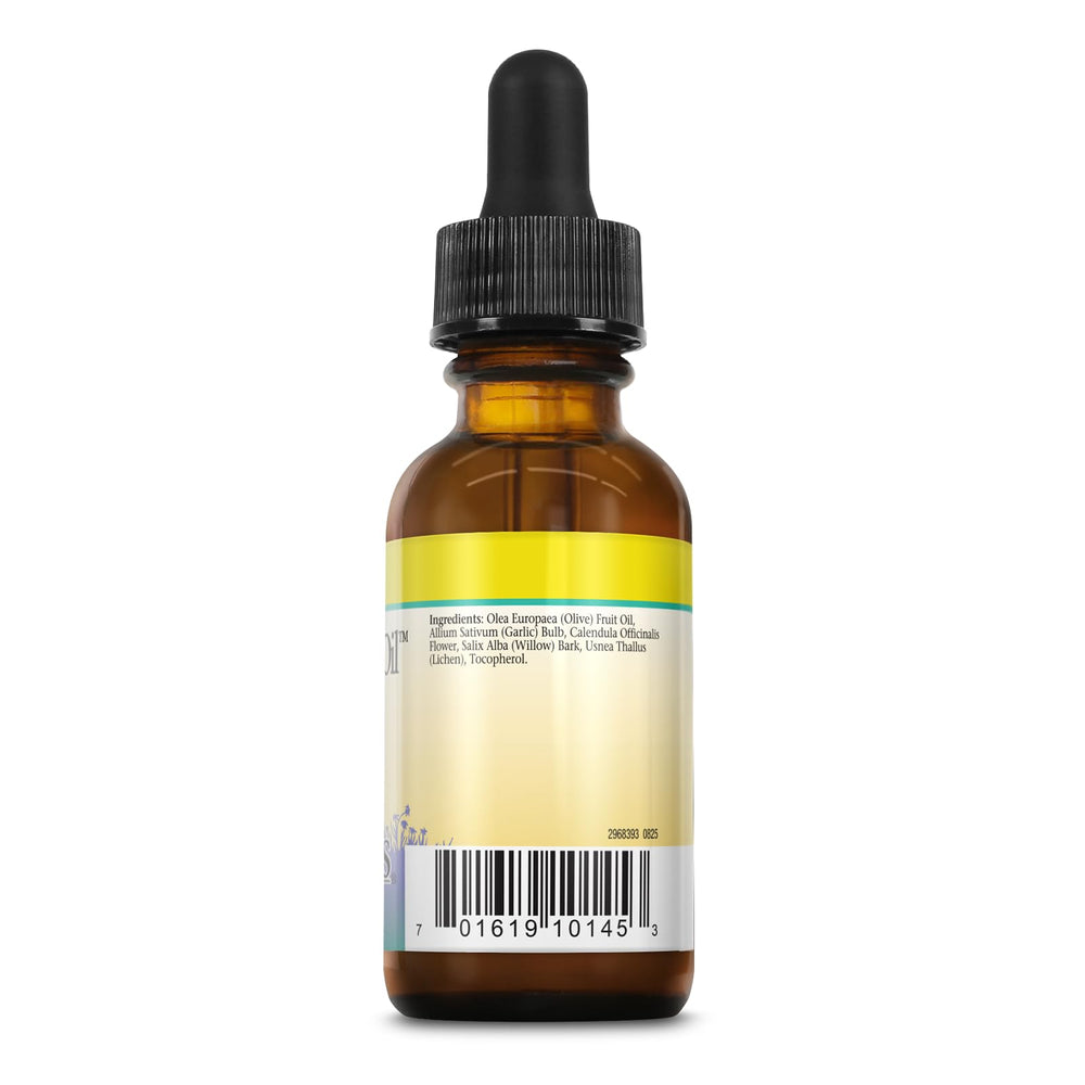 Herbs For Kids White Willow and Garlic Ear Oil dropper in use with cotton for gentle ear care.