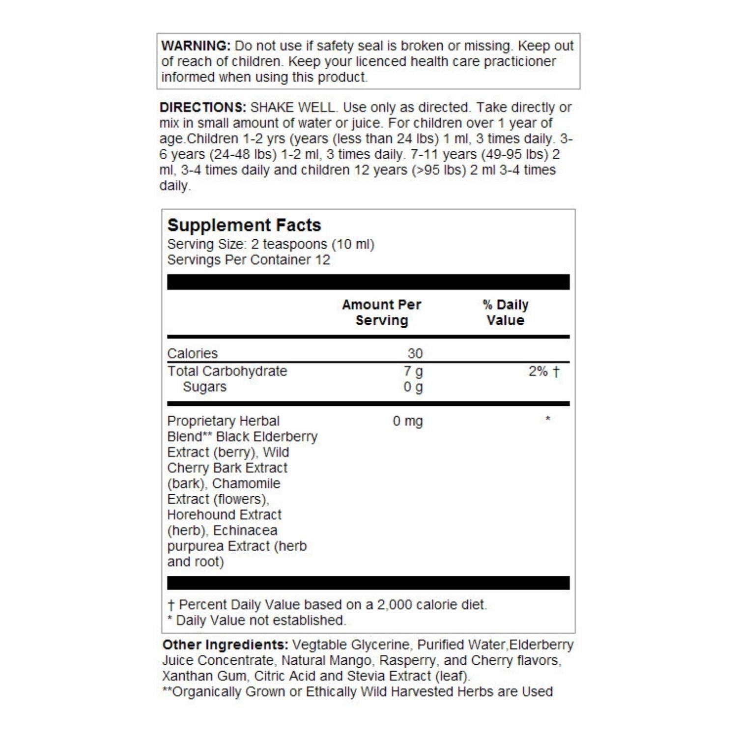 Herbs for Kids Eldertussin label highlights cherry berry flavor and safety
