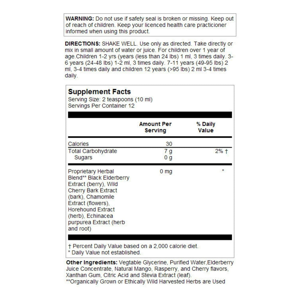 Herbs for Kids Eldertussin label highlights cherry berry flavor and safety