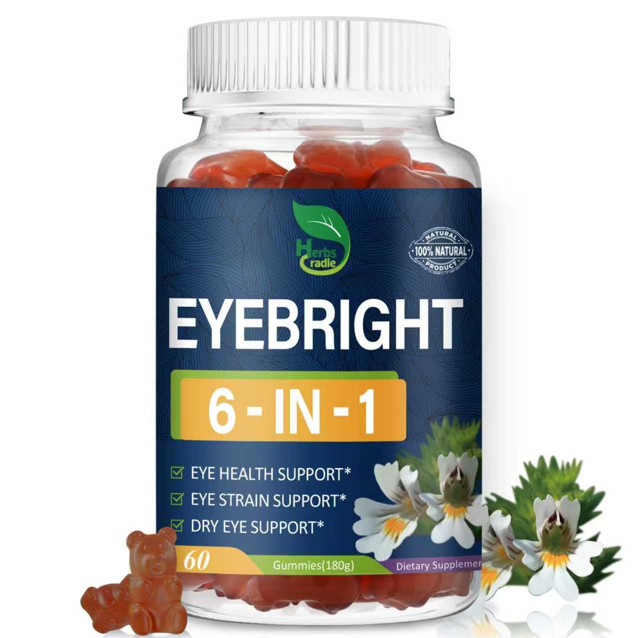 Herbscradle Eyebright Gummies bottle on a desk for daily eye support.