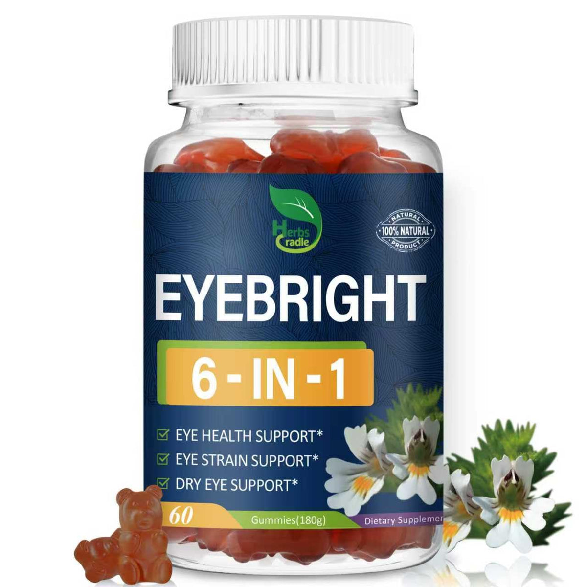 Herbscradle Eyebright Gummies bottle on a desk for daily eye support.