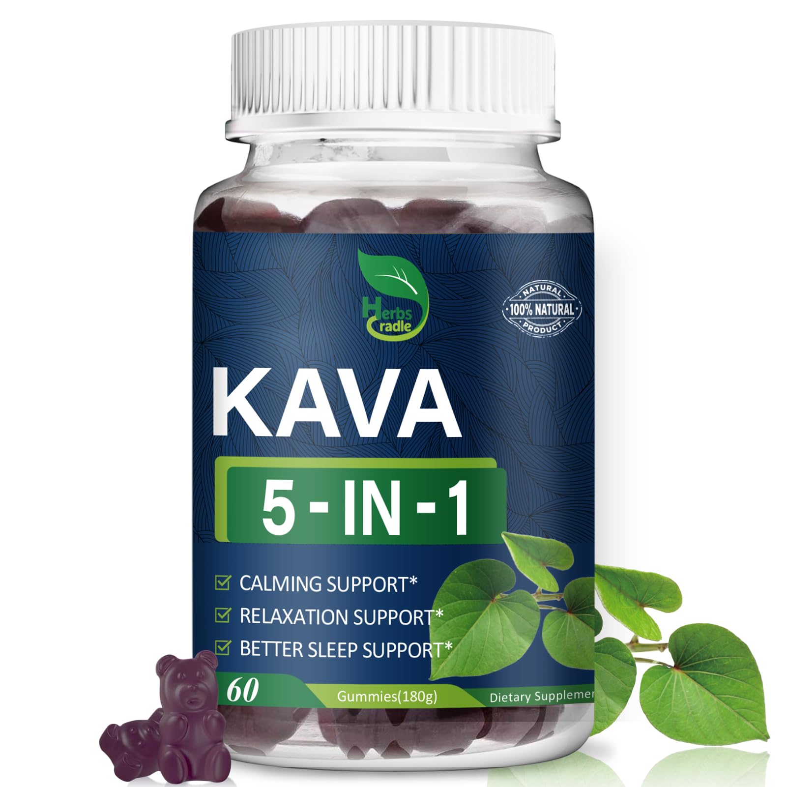 Herbscradle Kava Kava gummies bottle promotes calm and gentle sleep support.