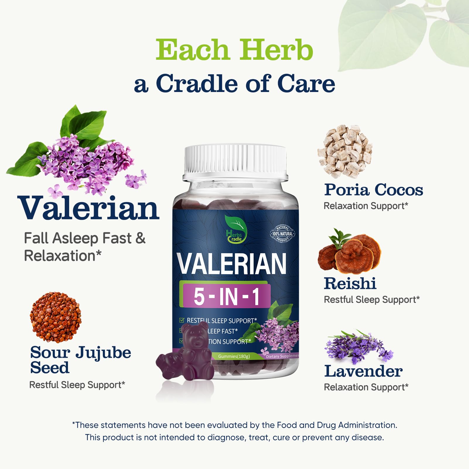 Herbscradle Valerian gummies ingredients collage emphasizing natural herbal harmony